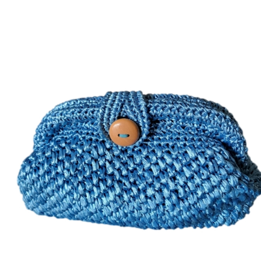 Raffia Blue Handmade Croshet Knitted Evening Pouch Clutch Bag Made in Japan